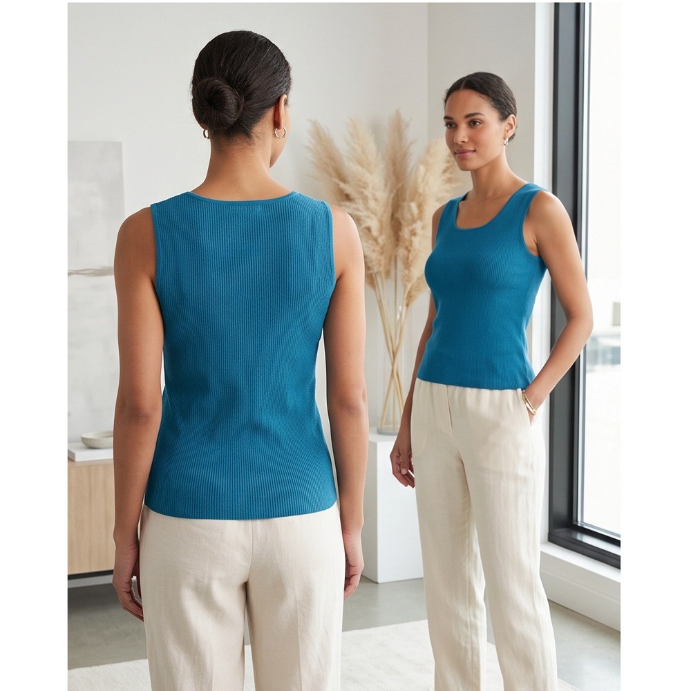 Chico's 3 Silk Blend Ribbed Tank Top Teal Blue Scoop Neck Sleeveless Knit XL